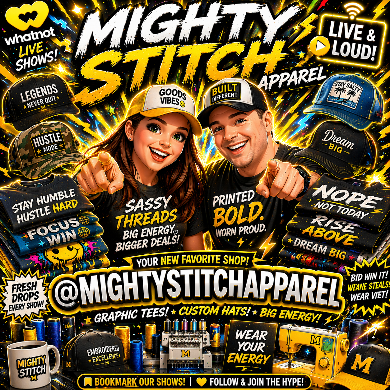 whatnot flyer for @mightystitchapparel auction page. 
