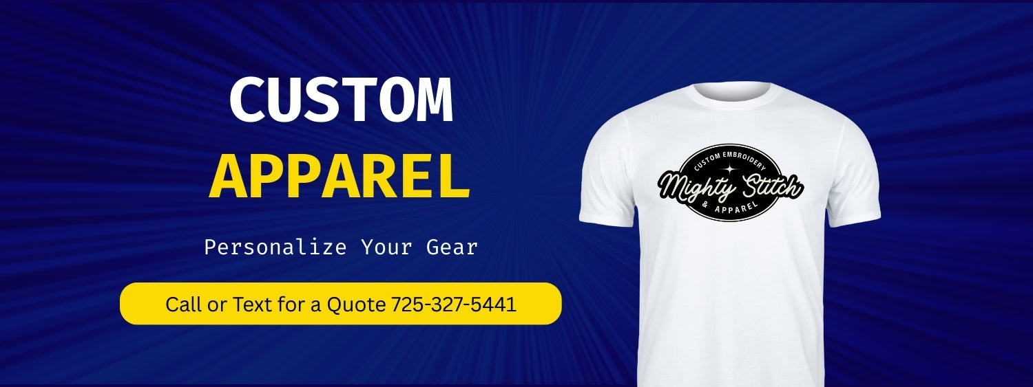 White t-shirt with a black logo on a blue background with text about custom apparel. MightyStitch.com