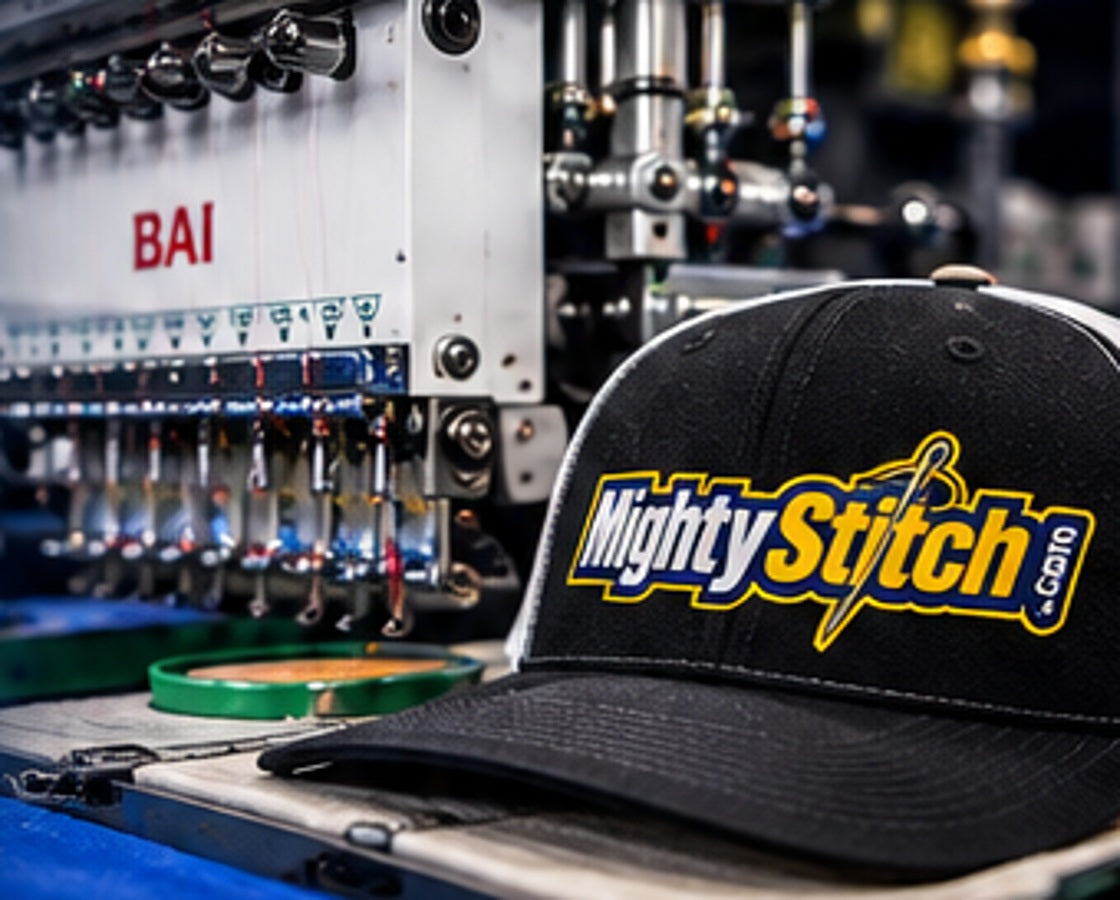 Mighty Stitch embroidery machine and embroidered hat